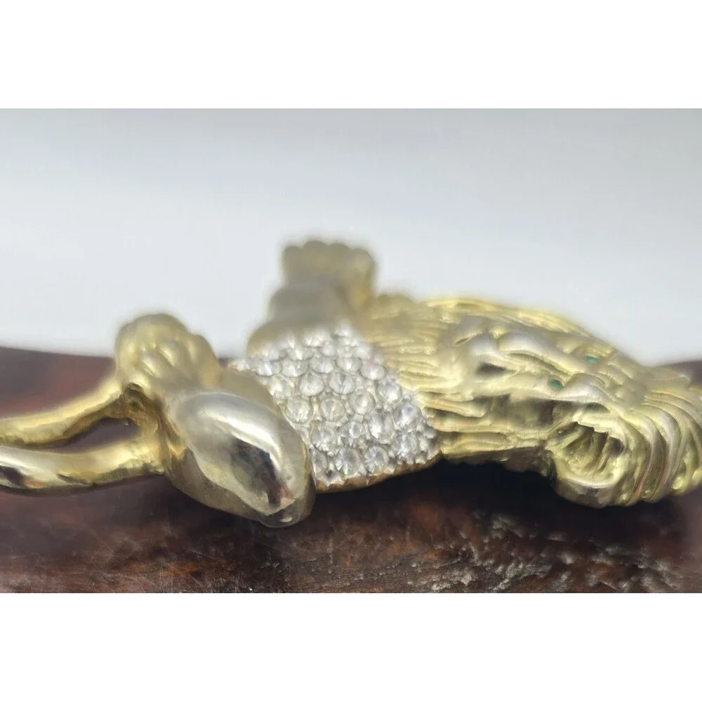 Vintage Sitting Lion Pave Rhinestone Jeweled Brooch Pin Green Eyes Rare